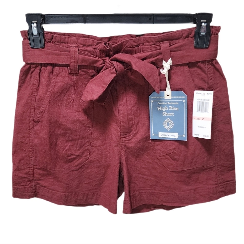 Democracy 4" Inseam Shorts High Rise paperbag Waist Linen Blend Burnt Henna 2